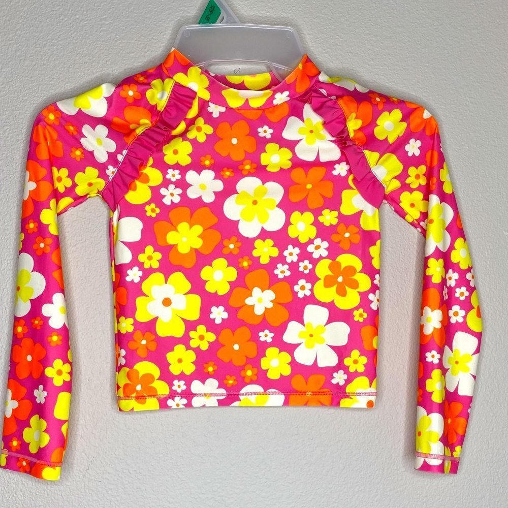 Tucker + Tate, girl's size 6, crop, long sleeved rash guard in yellow, pink.